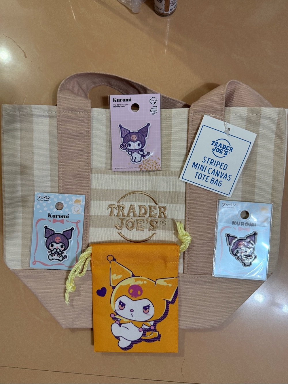 Trader Joe's Striped Mini Canvas Tote Bag - Beige & Cream, Kuromi Patches